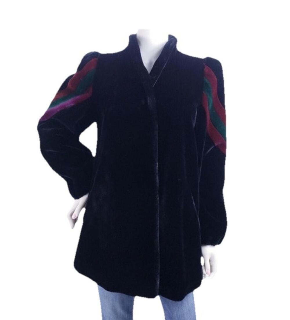 Sasson Borgazia Black Faux Fur Coat Vintage Striped Sleeves Retro Coat Small -
